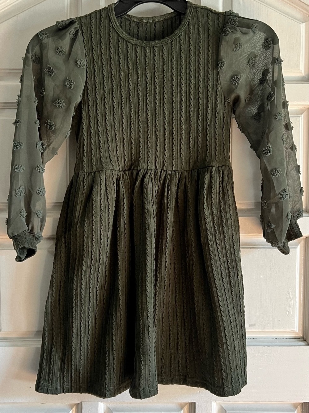Girls Olive Green Textured Long-Sleeve Dress